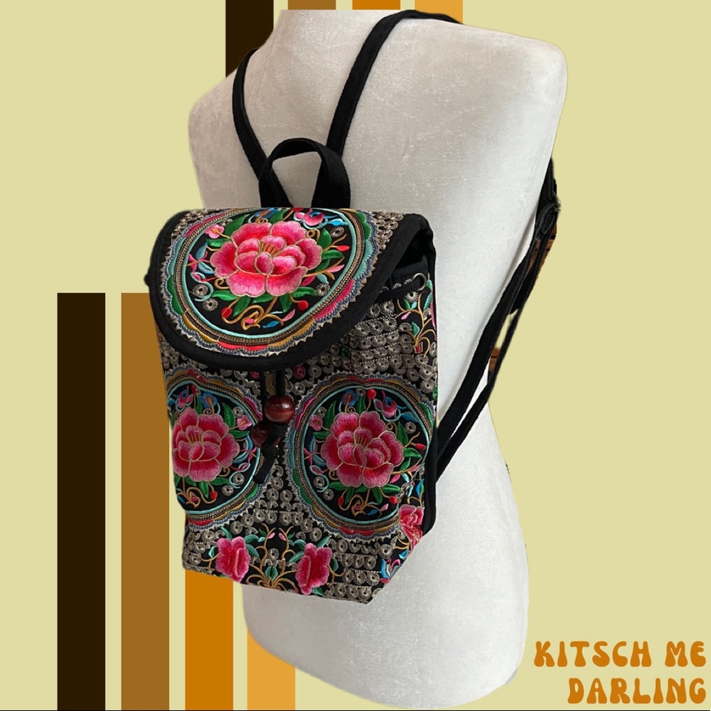 ❌(stolen) Like-new/EUC Boho Embroidered Rose Pattern Travel Small Backpack